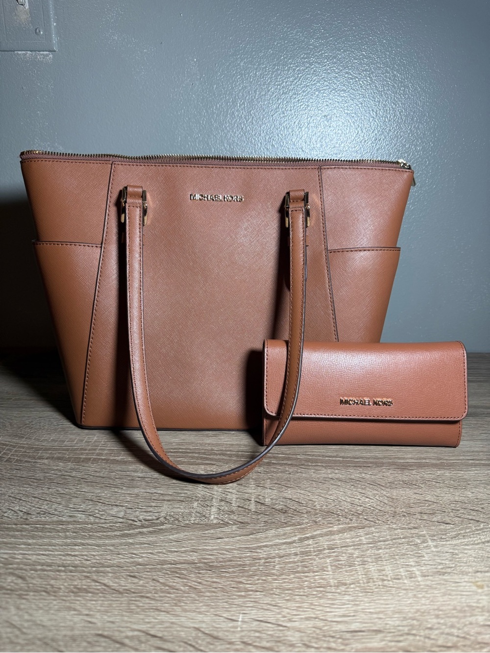 Michael Kors Tan Saffiano Leather Tote with Matching Wallet
